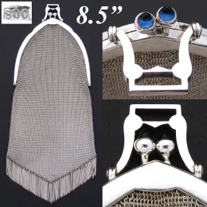 Gorgeous Antique .800 (nearly sterling) Silver 8.5" Mesh Purse, Hand Bag, Jeweled Clasp