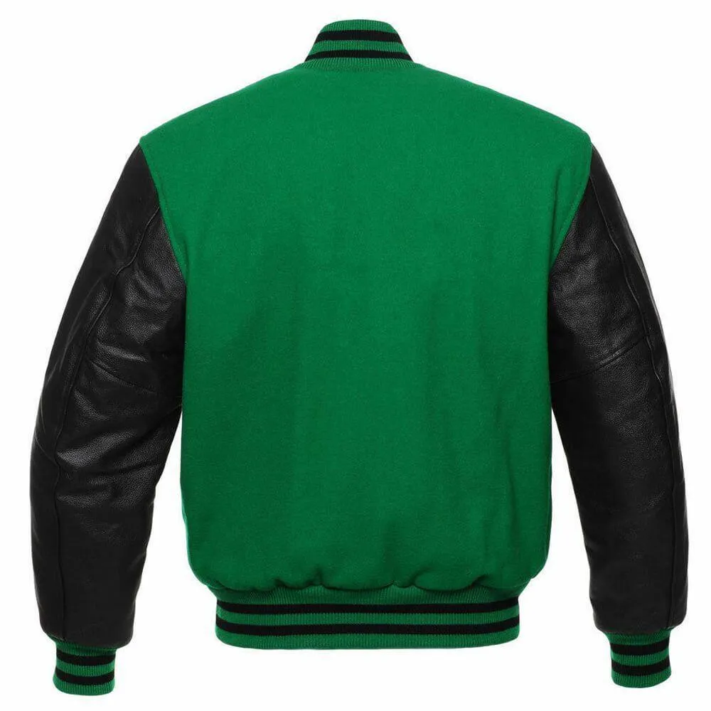 Green and Black Leather Varsity Jacket for Men