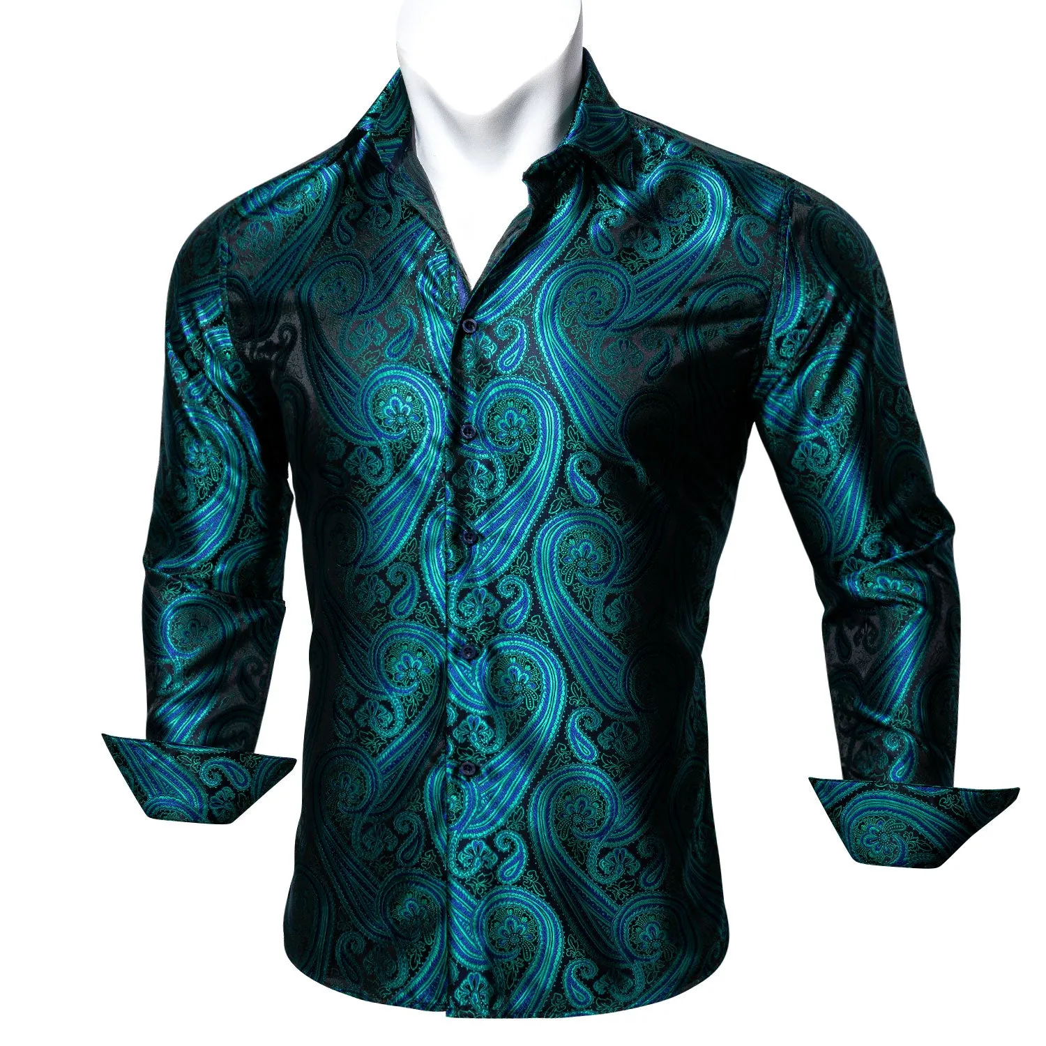 Green Black Paisley Style Silk Men's Long Sleeve Shirt