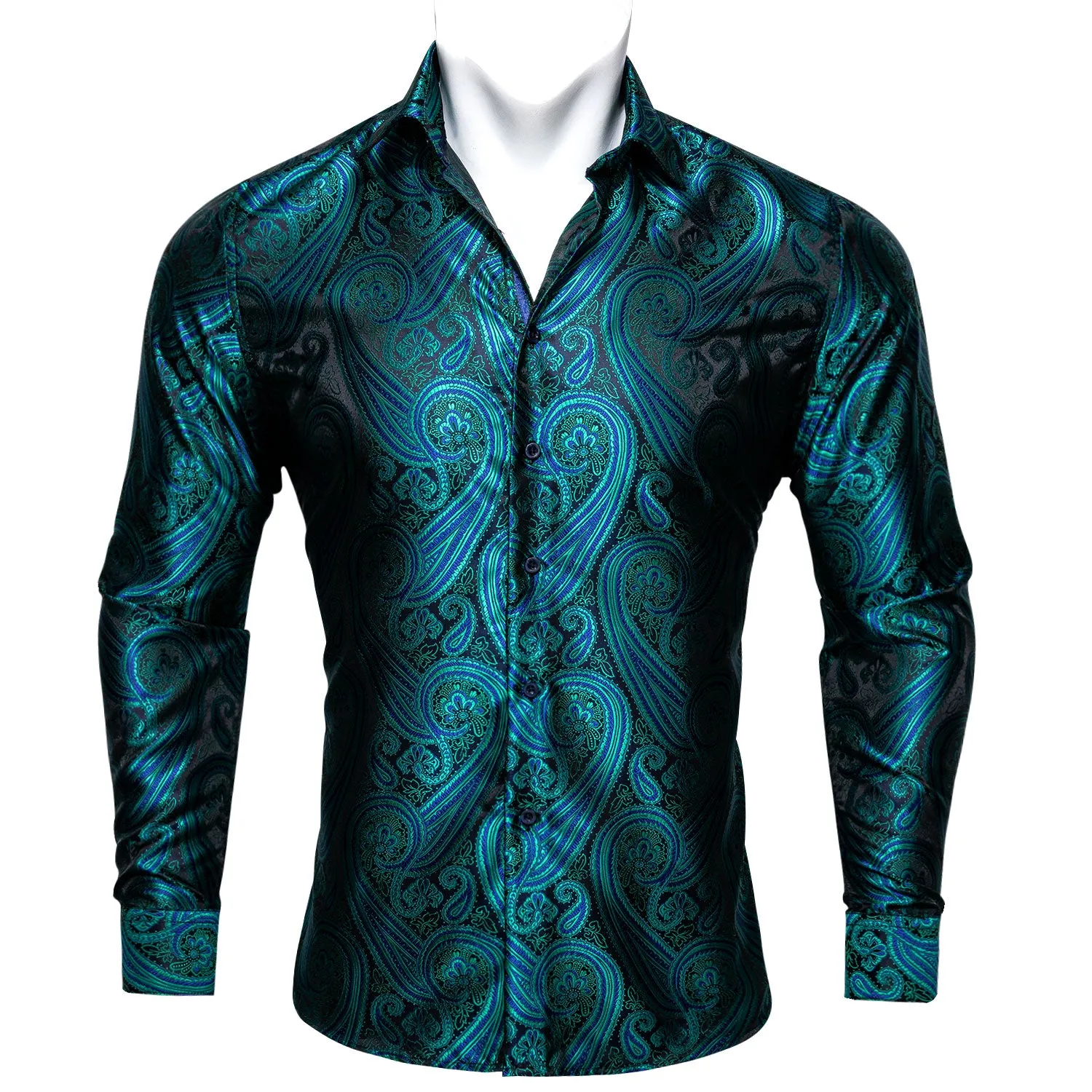 Green Black Paisley Style Silk Men's Long Sleeve Shirt