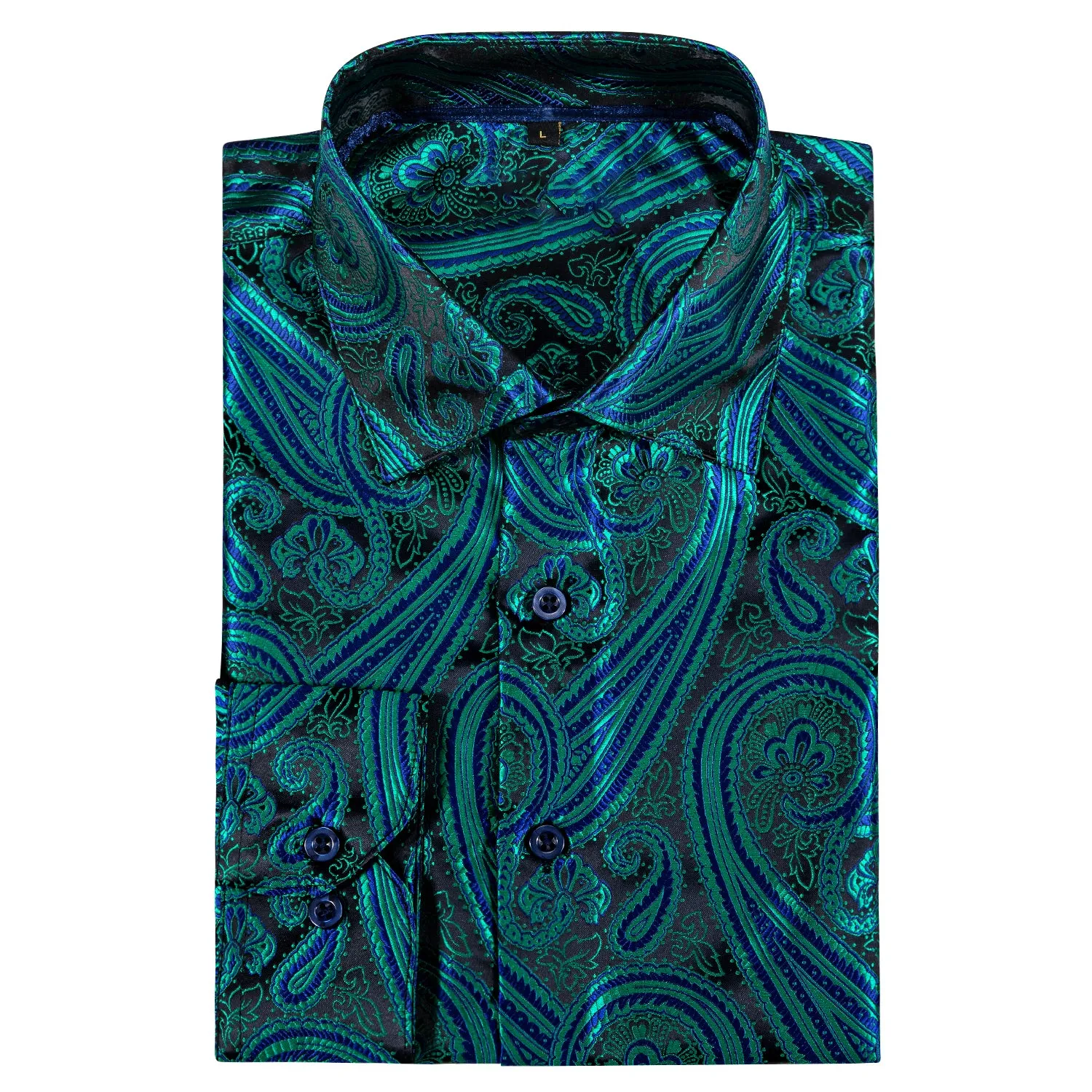 Green Black Paisley Style Silk Men's Long Sleeve Shirt