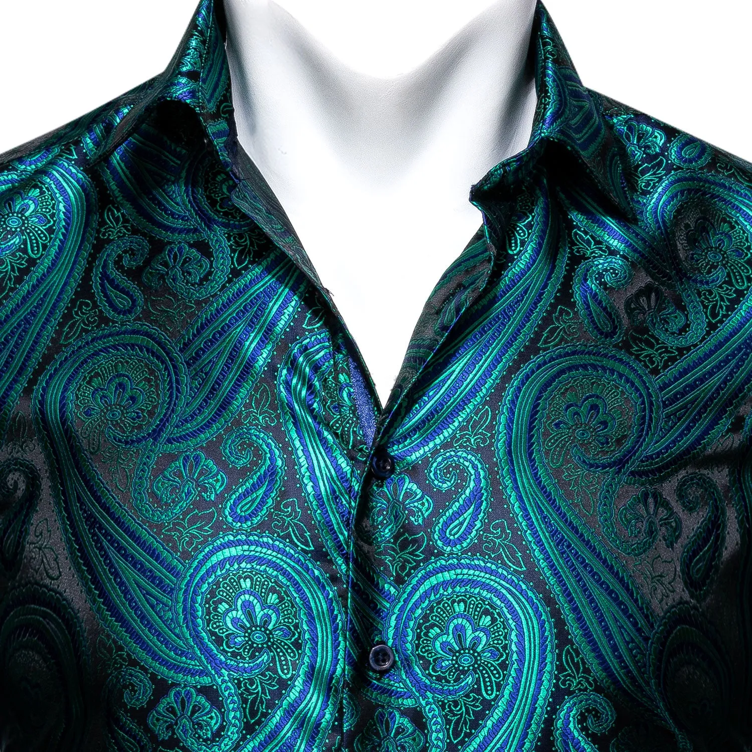 Green Black Paisley Style Silk Men's Long Sleeve Shirt