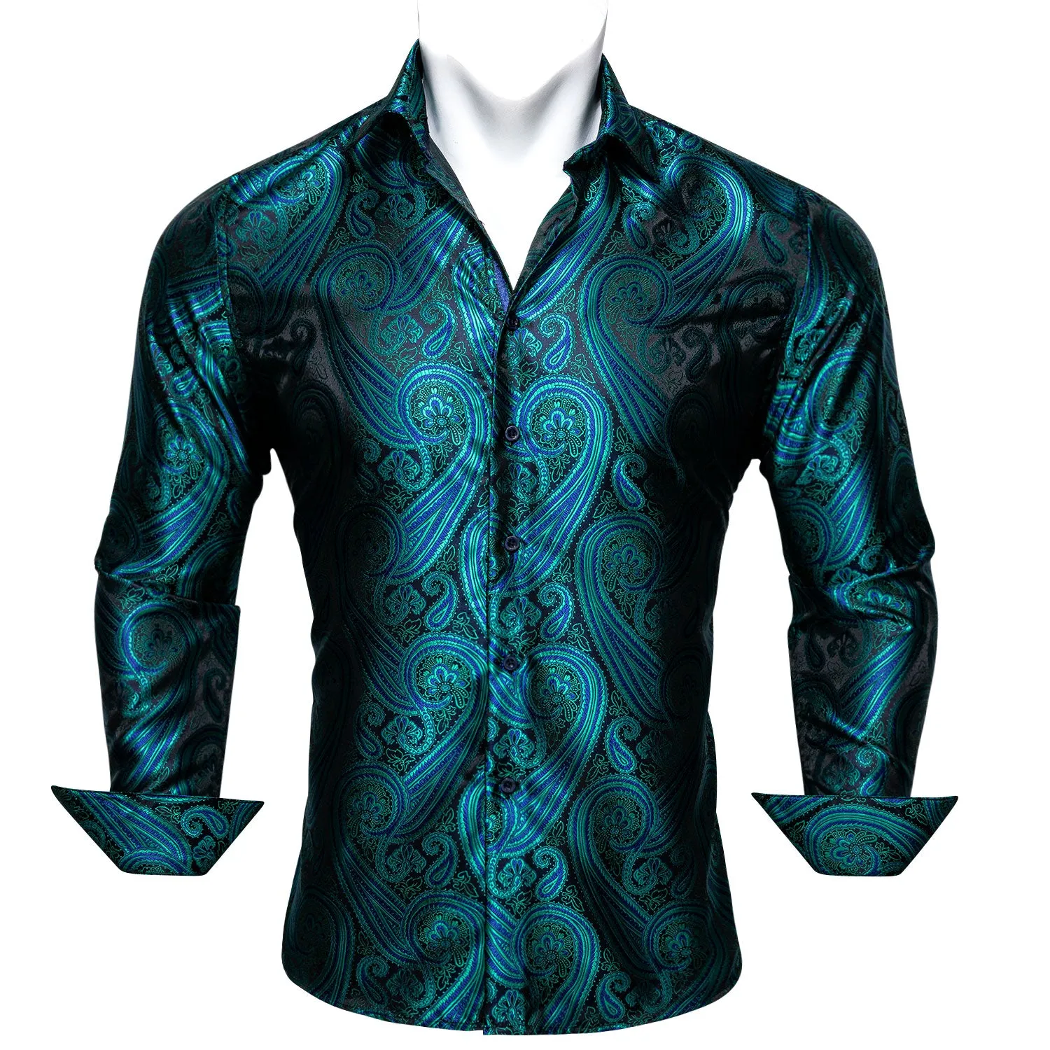 Green Black Paisley Style Silk Men's Long Sleeve Shirt