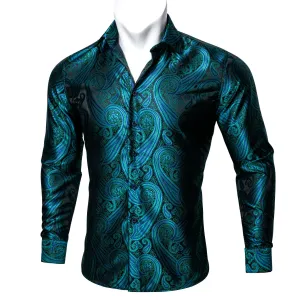 Green Black Paisley Style Silk Men's Long Sleeve Shirt