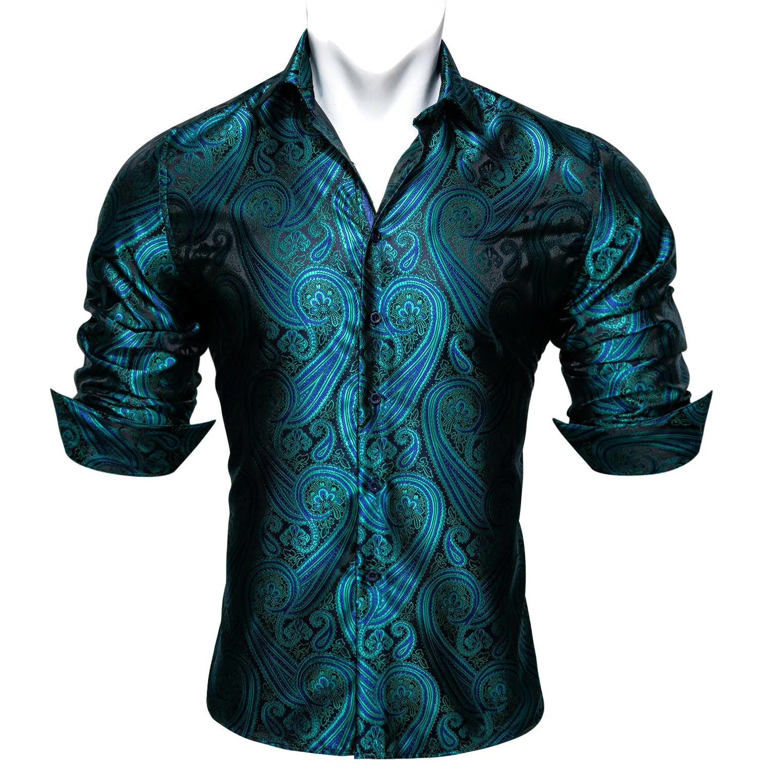 Green Black Paisley Style Silk Men's Long Sleeve Shirt