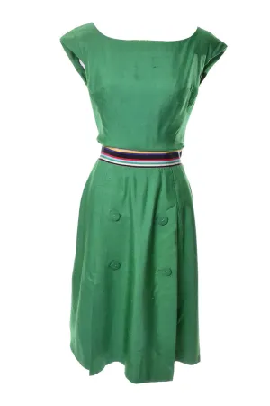 Green Silk Vintage Day Dress 1960's Rainbow Ribbon