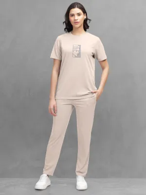 HELLCAT Beige Trendy Printed / Solid T shirt with Pants Lounge Wear / Coords / Clothing Set for Women
