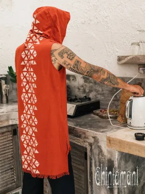 Hooded Vest Shirt for Men / Printed Tank Top with Huge Hood / Red Ochre