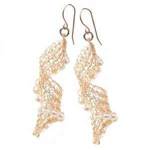 Infinity gold wire crochet earrings with pearls, long elegant knitted wire