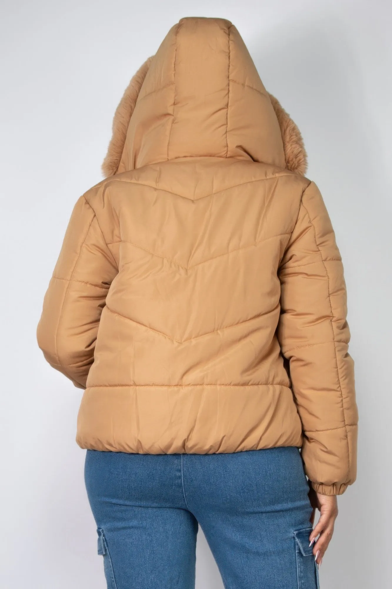 Insulated Zip-up Faux Fur Hooded Jacket