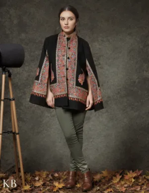 Jet Black Sozni Zari Woolen Cape Jacket