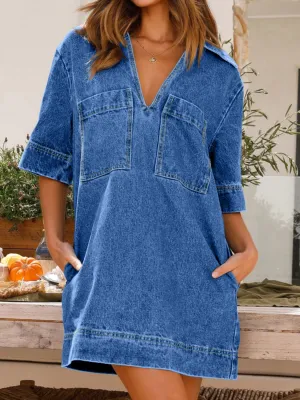 Johnny Collar Half Sleeve Denim Dress Tunic Jean Dress