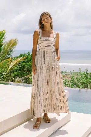 Keiko Beige Black Stripe Tiered Midi Dress