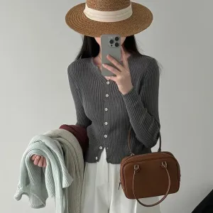 [Korean Style] 4 Colors V-Neck Long Sleeve Fine Knit Cardigan