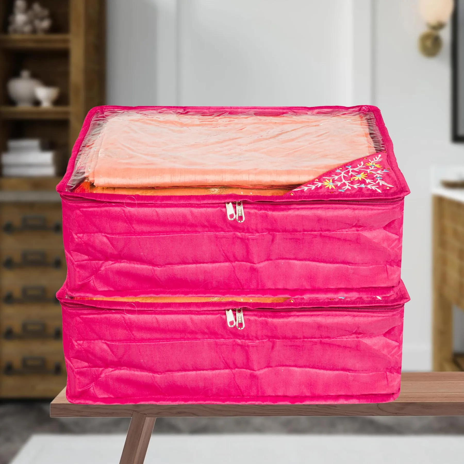 Kuber Industries Saree Cover | Zip Closure Saree Cover | Clothes Storage Bag | Wardrobe Organiser for Suit | Transparent Top Saree Cover | Side Embroidery-Design | 9 inch | Pack of 2 | Pink