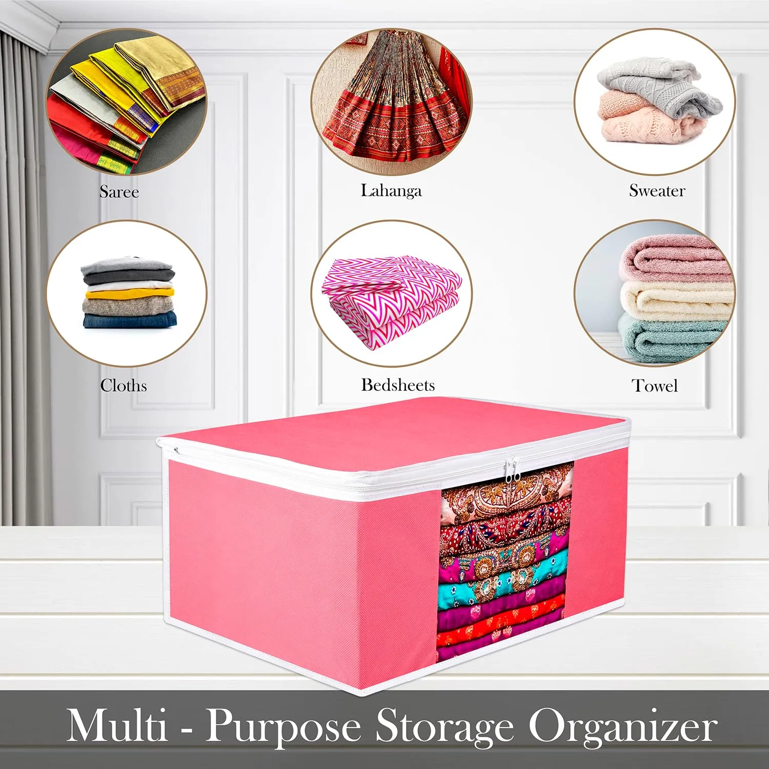 Kuber Industries Saree Cover | Zip Closure Saree Cover | Clothes Storage Bag | Wardrobe Organiser for Suit | Transparent Window Saree Cover | Plain-White Border | 9 inch | Pack of 6 | Pink