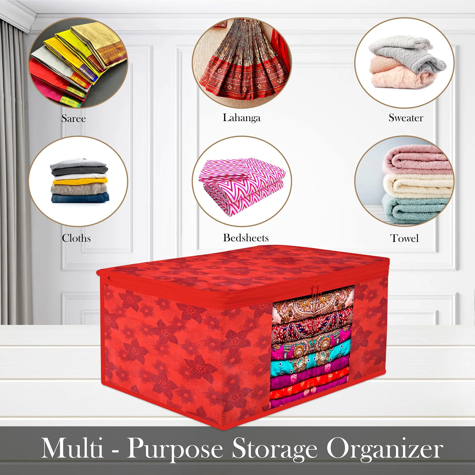 Kuber Industries Saree Cover | Zip Closure Saree Cover | Clothes Storage Bag | Wardrobe Organiser | Transparent Window Saree Cover | Flower-Design | 9 inch | Pack of 3 | Red