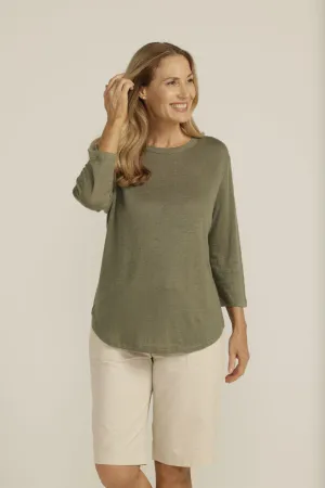 Linen 3/4 Sleeve Crew Neck Tee Khaki Dark