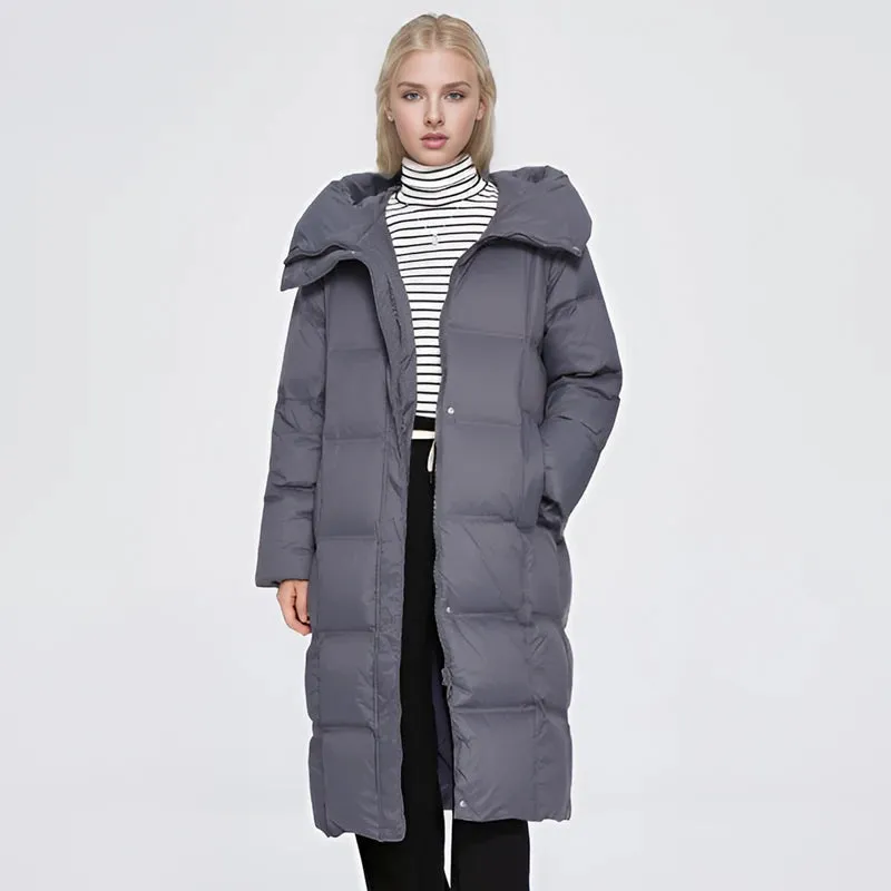 Long Down Jacket for Women. Waterproof Hooded Coat