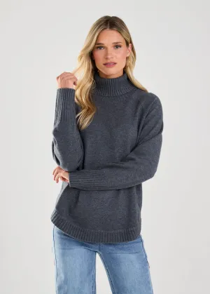 Long-Sleeve Cowl Neck Sweater, Dark Grey Heather