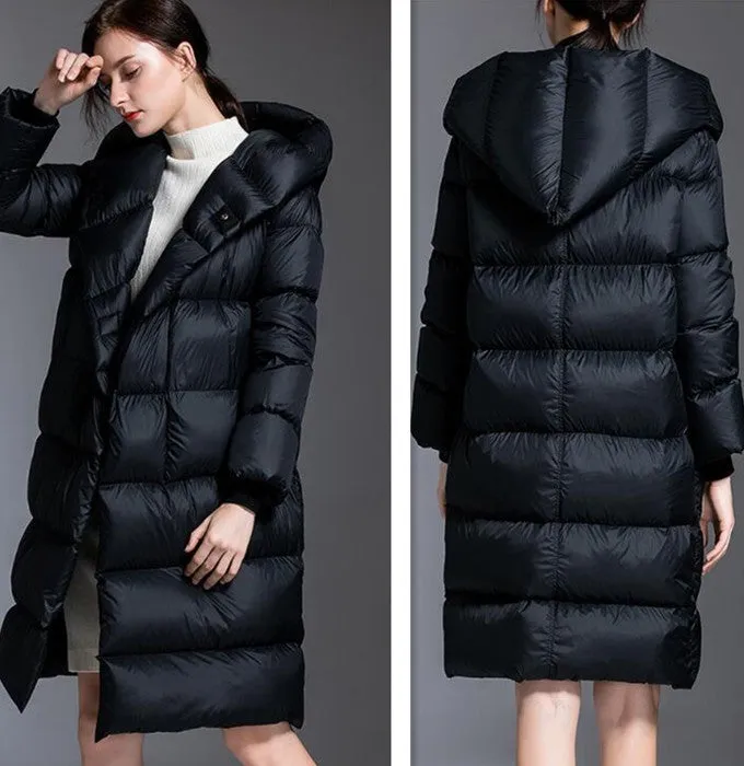 Loose Long Women Down Coat Winter Loose 90% Hooded Duck Down Jackets 2200