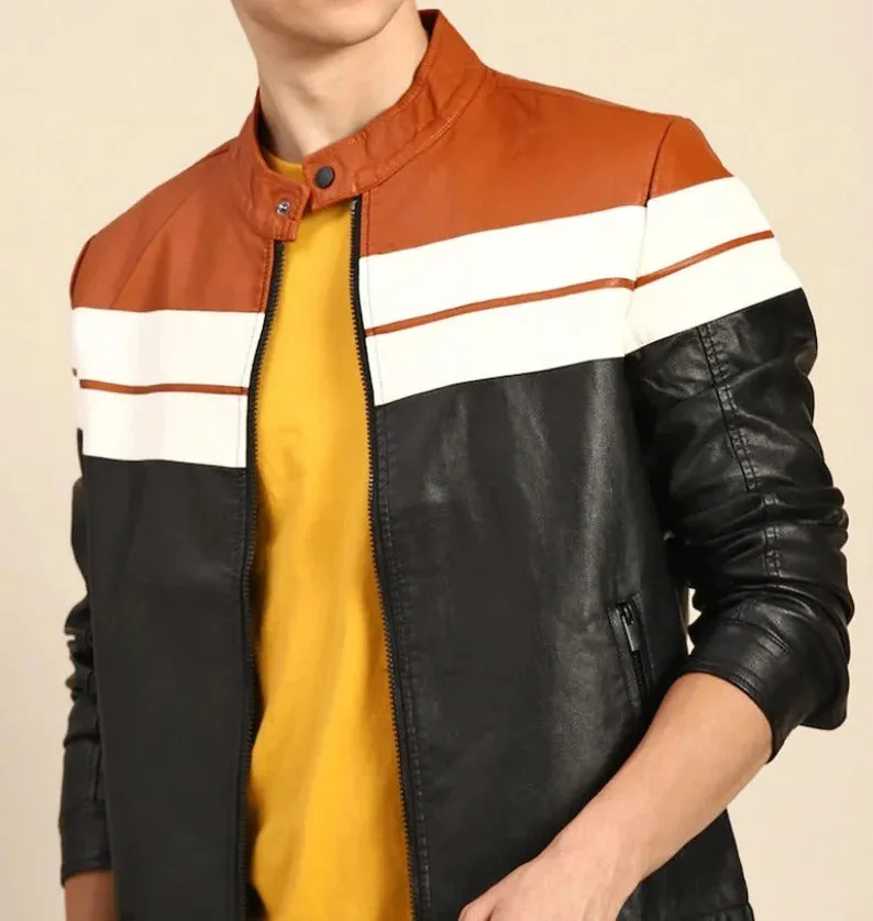 Men's Black and Brown Casual Leather Jacket