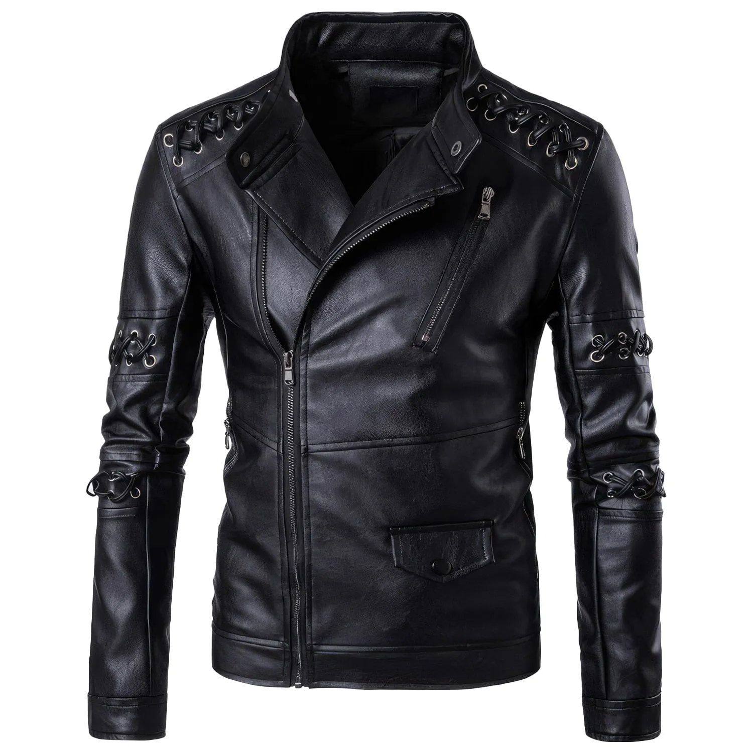 Men’s Black Biker Genuine Sheepskin Laces Café Racer Outfit Asymmetric Crossover Zip-Up Retro Casual Classic Rider Leather Jacket