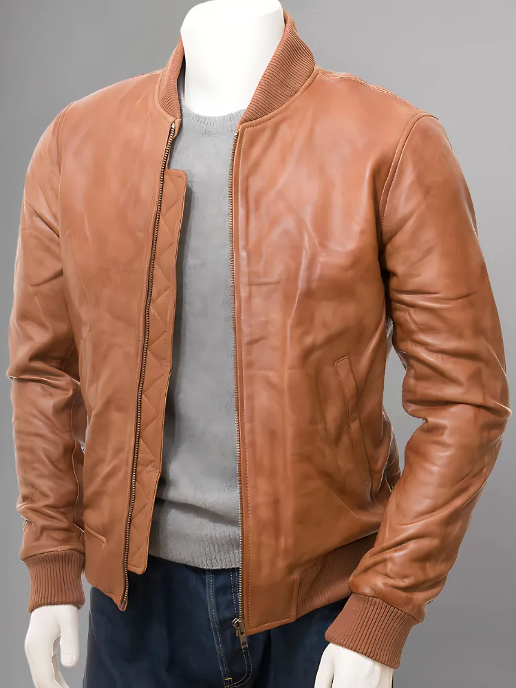 Mens Camel Suede Leather Bomber Jacket