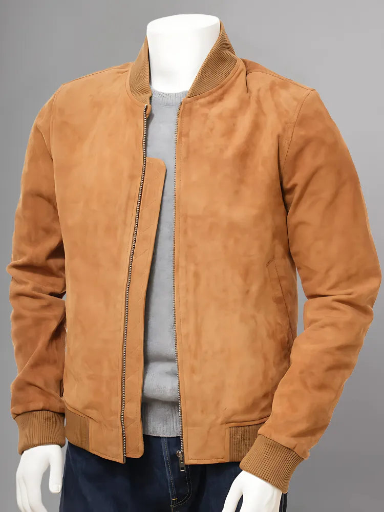 Mens Camel Suede Leather Bomber Jacket