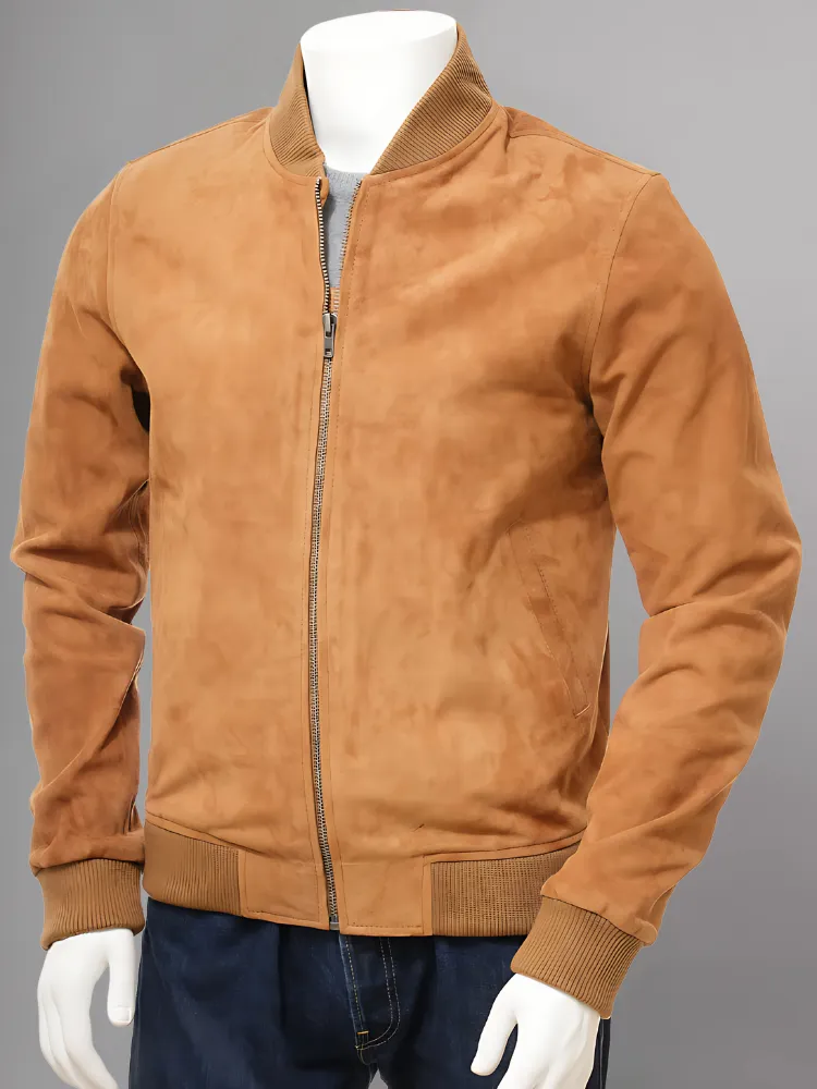 Mens Camel Suede Leather Bomber Jacket