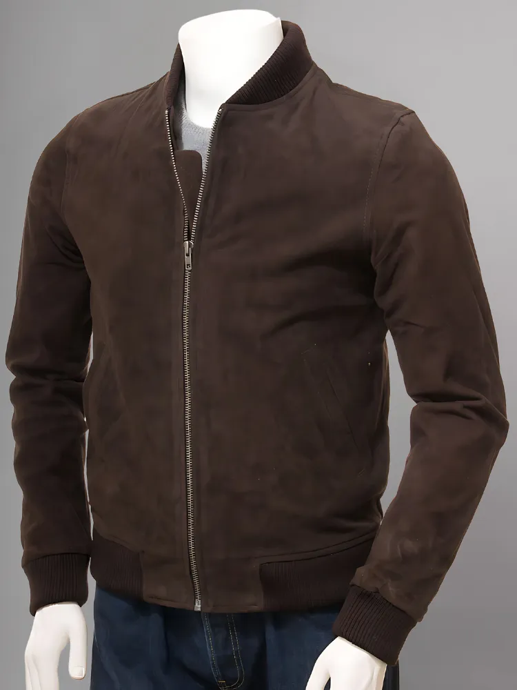 Mens Camel Suede Leather Bomber Jacket