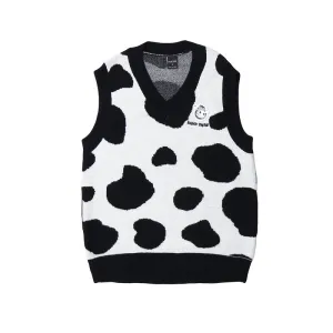 Mens Fall Outfits Vintage Cows Pattern Knitted Vest Man Loose Couple Pullover Sleeveless Sweater