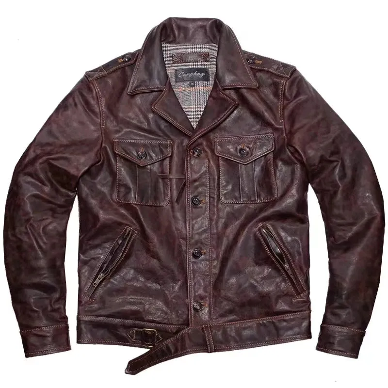 Men's Flight Leather Jacket Horsehide Slim Short Military Biker Uniform