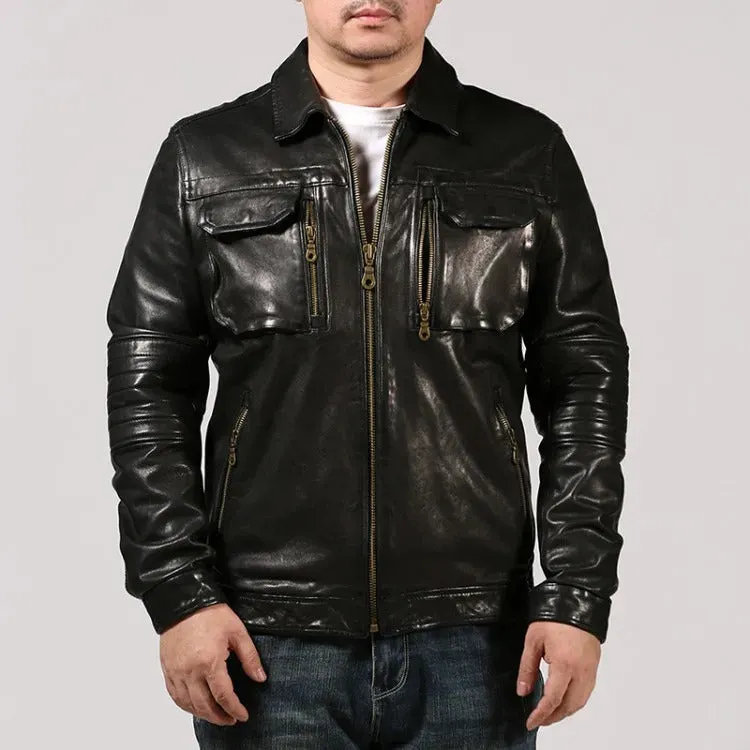 Men's Genuine Sheepskin Leather Multi-Pocket Moto Biker Jacket