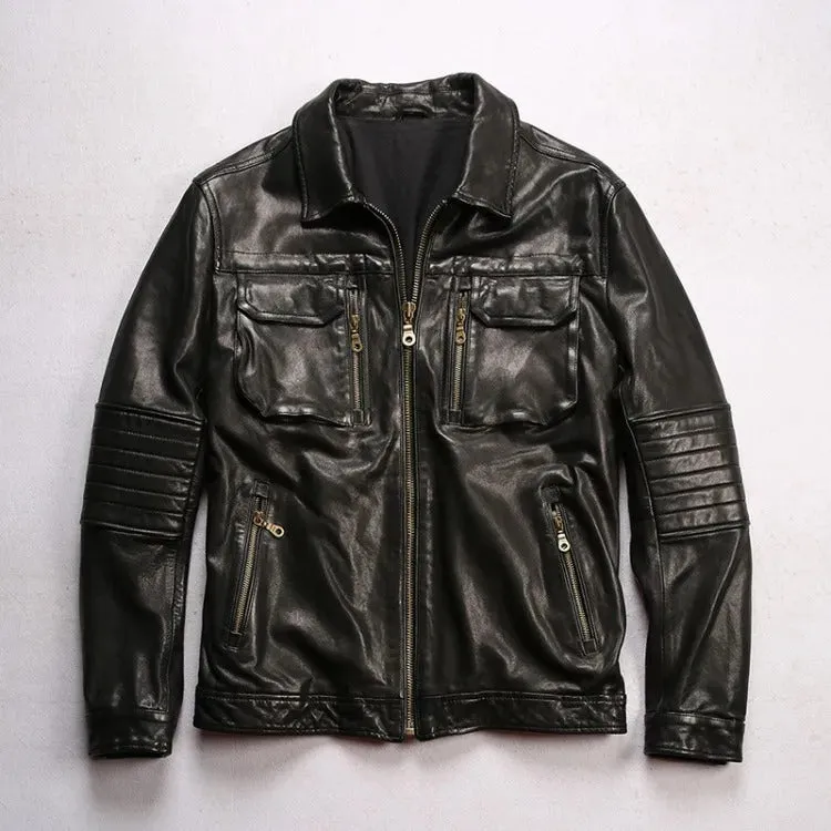 Men's Genuine Sheepskin Leather Multi-Pocket Moto Biker Jacket