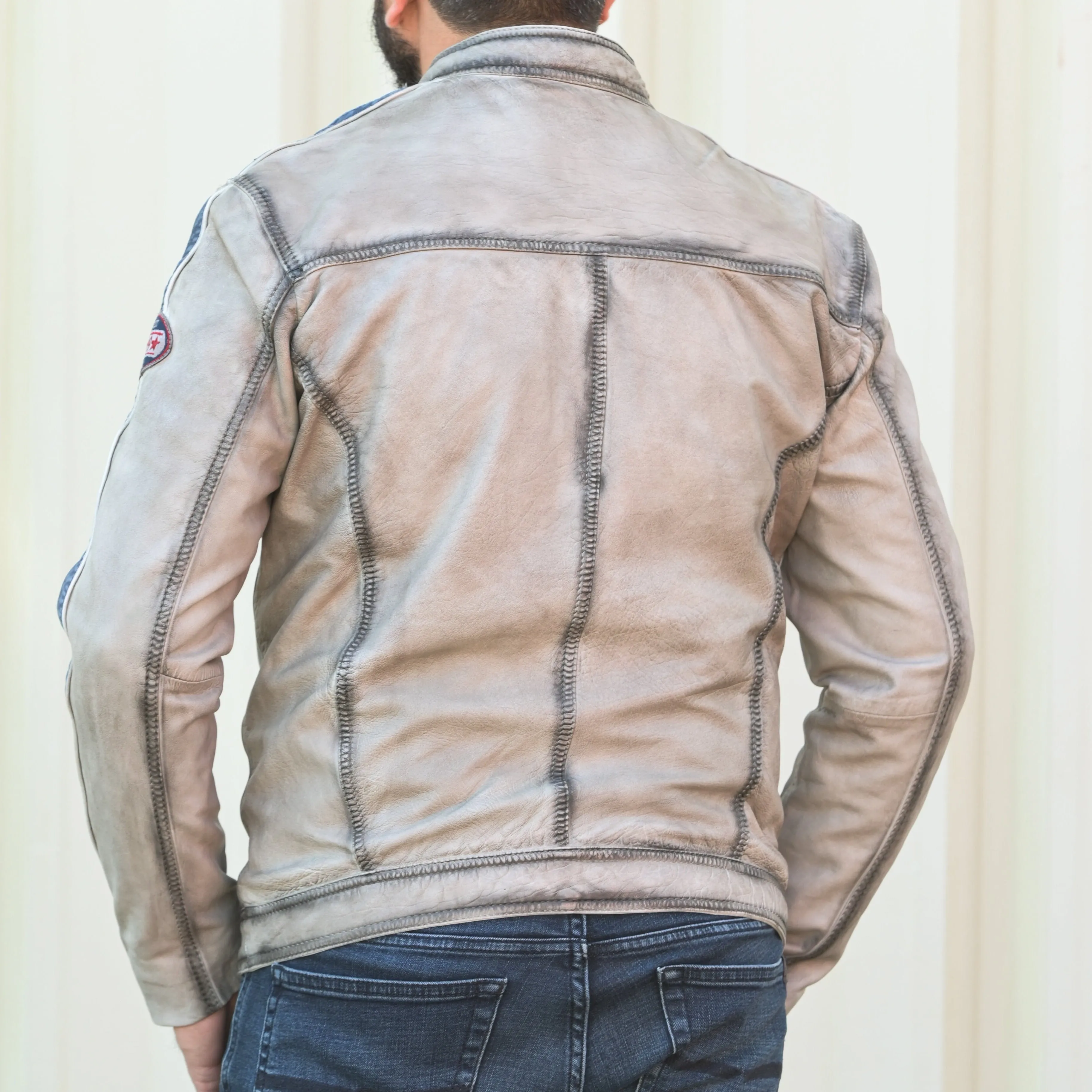 Men's Leather Jacket with Patches and Four Zip Pockets