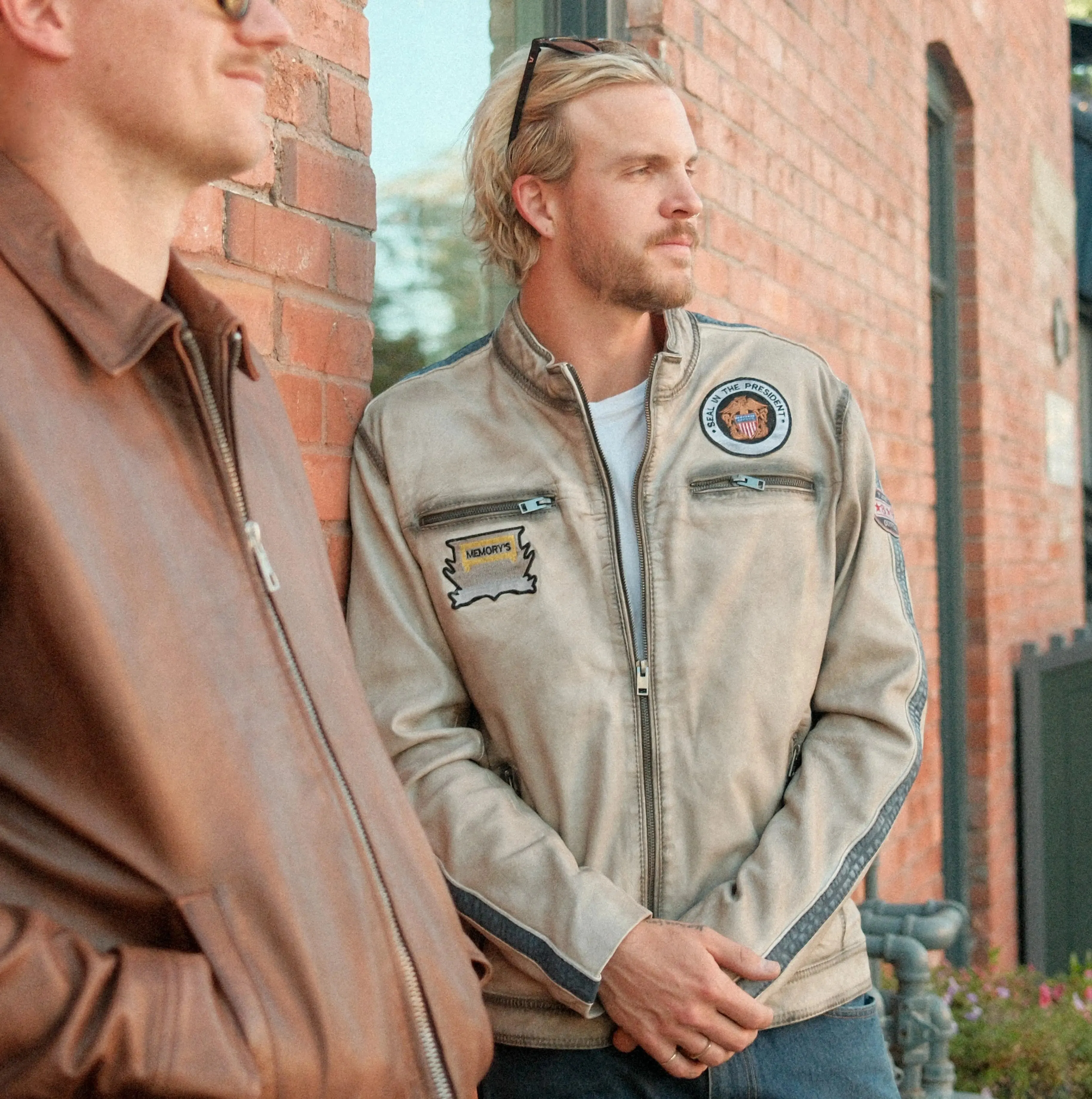 Men's Leather Jacket with Patches and Four Zip Pockets