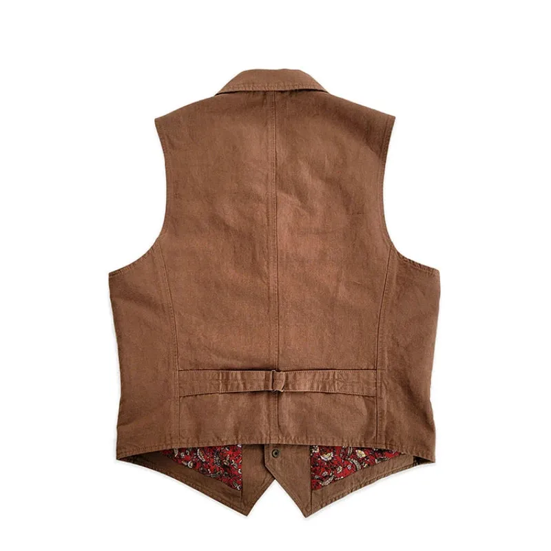 Men's Linen Cotton Brown Vest Suit Collar - Gentlemen Elegant Style