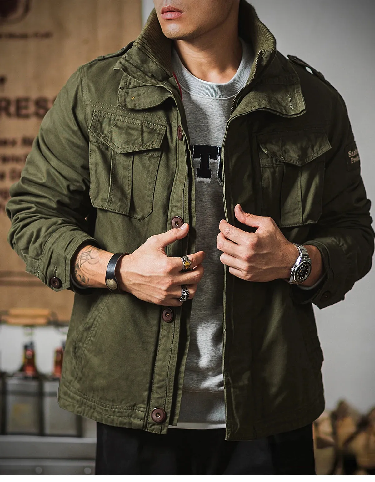 Men's M-65 Jacket with Double Collar - Military Tactical Style