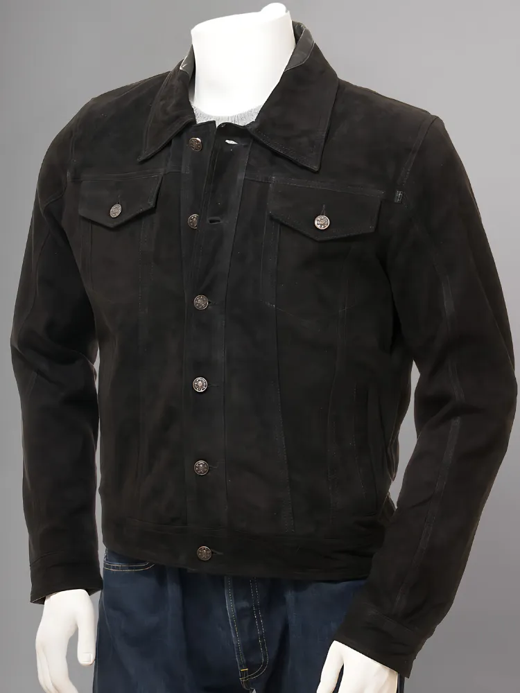 Men's Olive Suede Trucker Jeans Leather Jacket