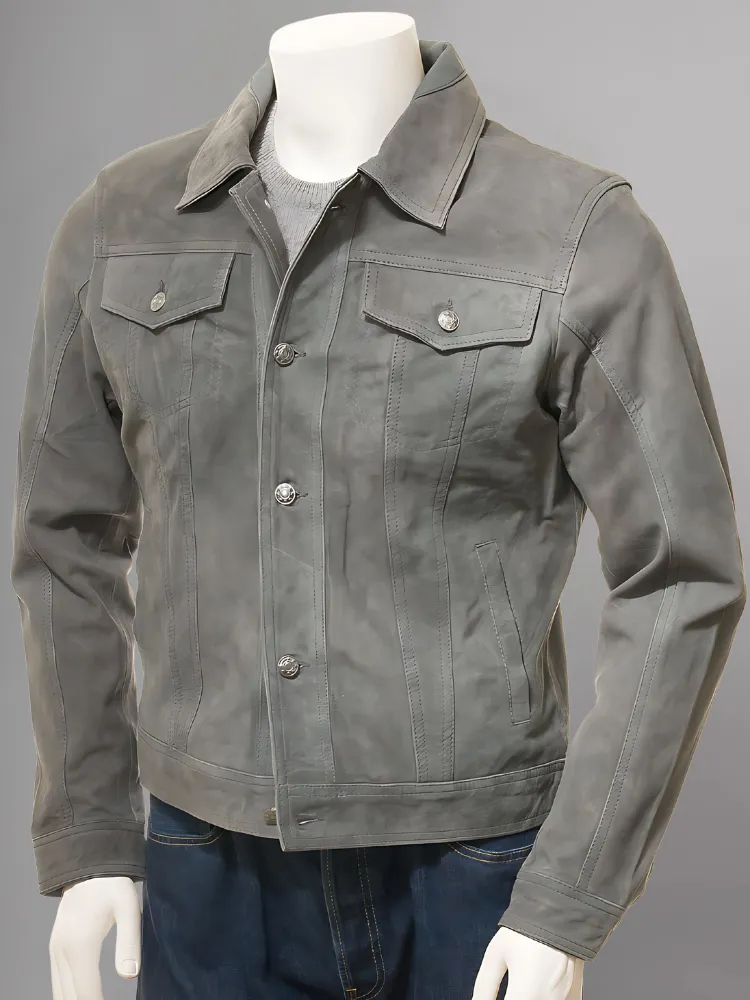 Men's Olive Suede Trucker Jeans Leather Jacket