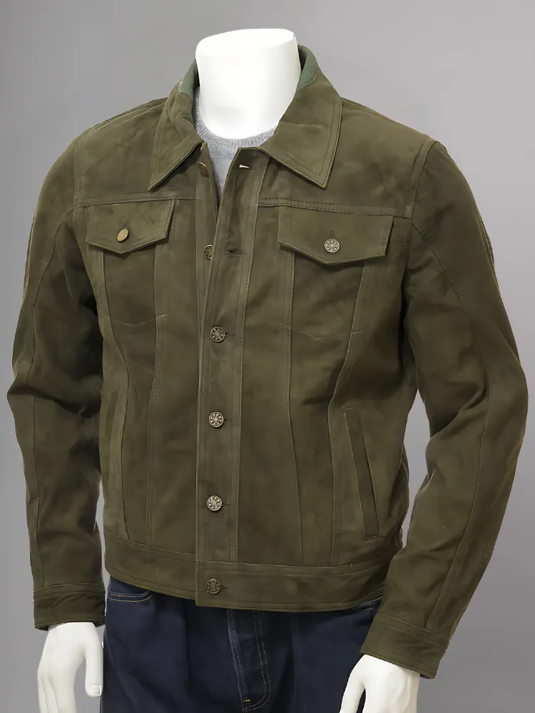 Men's Olive Suede Trucker Jeans Leather Jacket