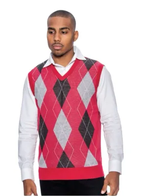 Men's Red-Grey V-Neck Argyle Sweater Vest Knitwear Sleeveless Pullover STYLE-9912