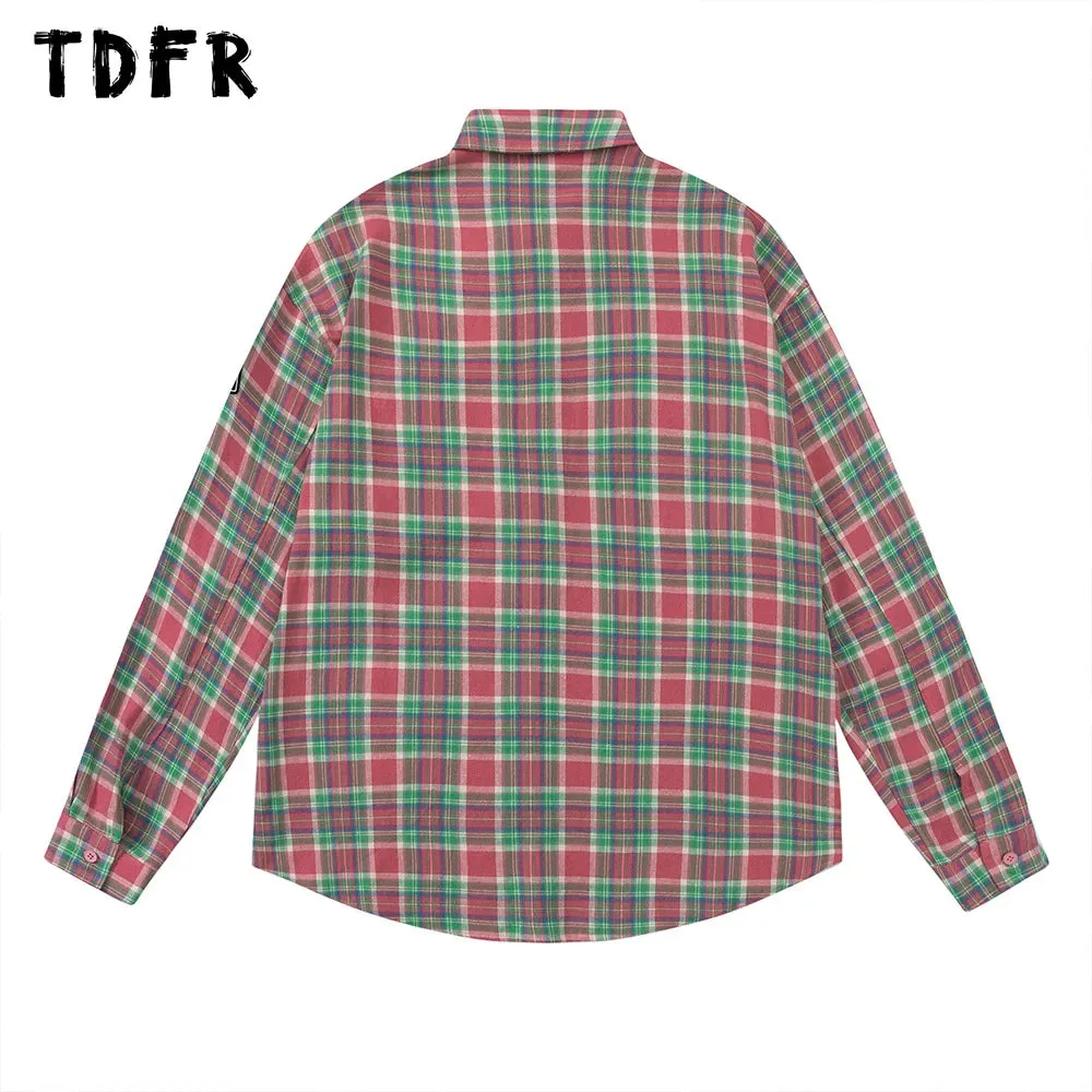 Mens Retro Casual Plaid Shirt with Patch Embroidery and Single Breasted Closure