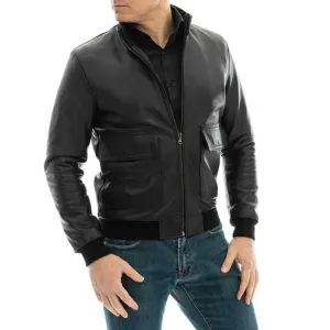 Men's Slim Fit Black Genuine Leather Bomber Jacket with Zip-Up Closure and Pockets