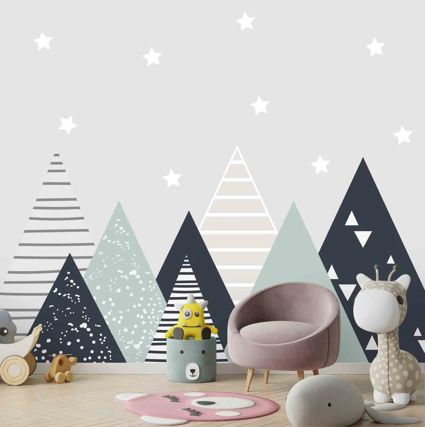 Mountains Theme for Kids Room, Solid Design, Geometric Pattern