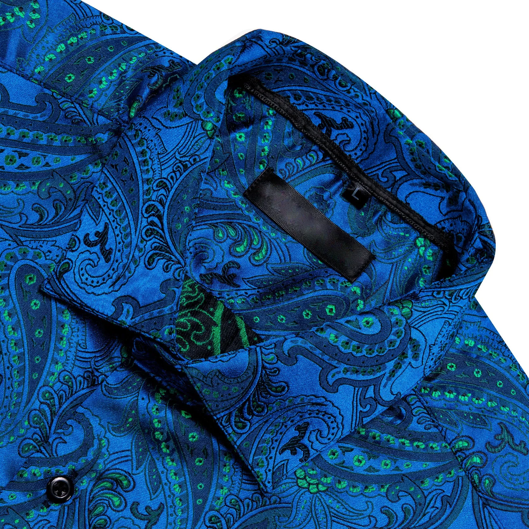 Navy Blue Green Paisley Silk Men's Long Sleeve Shirt