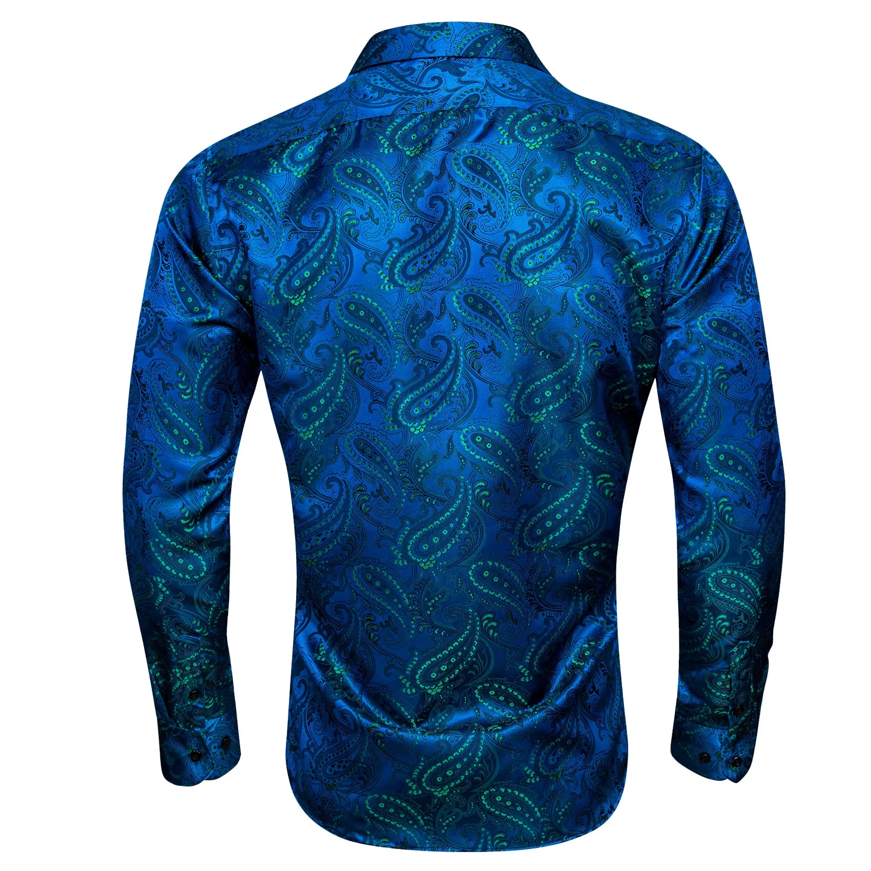 Navy Blue Green Paisley Silk Men's Long Sleeve Shirt