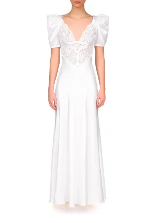 Off White Silk Satin Short Sleeve Dress With Lace Details