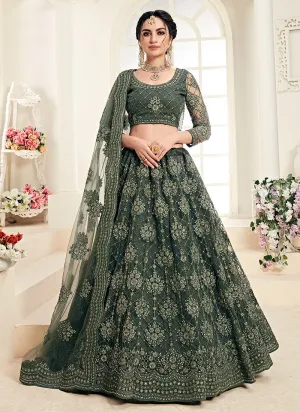 Olive Green Pearl Embroidered Wedding Lehenga Choli